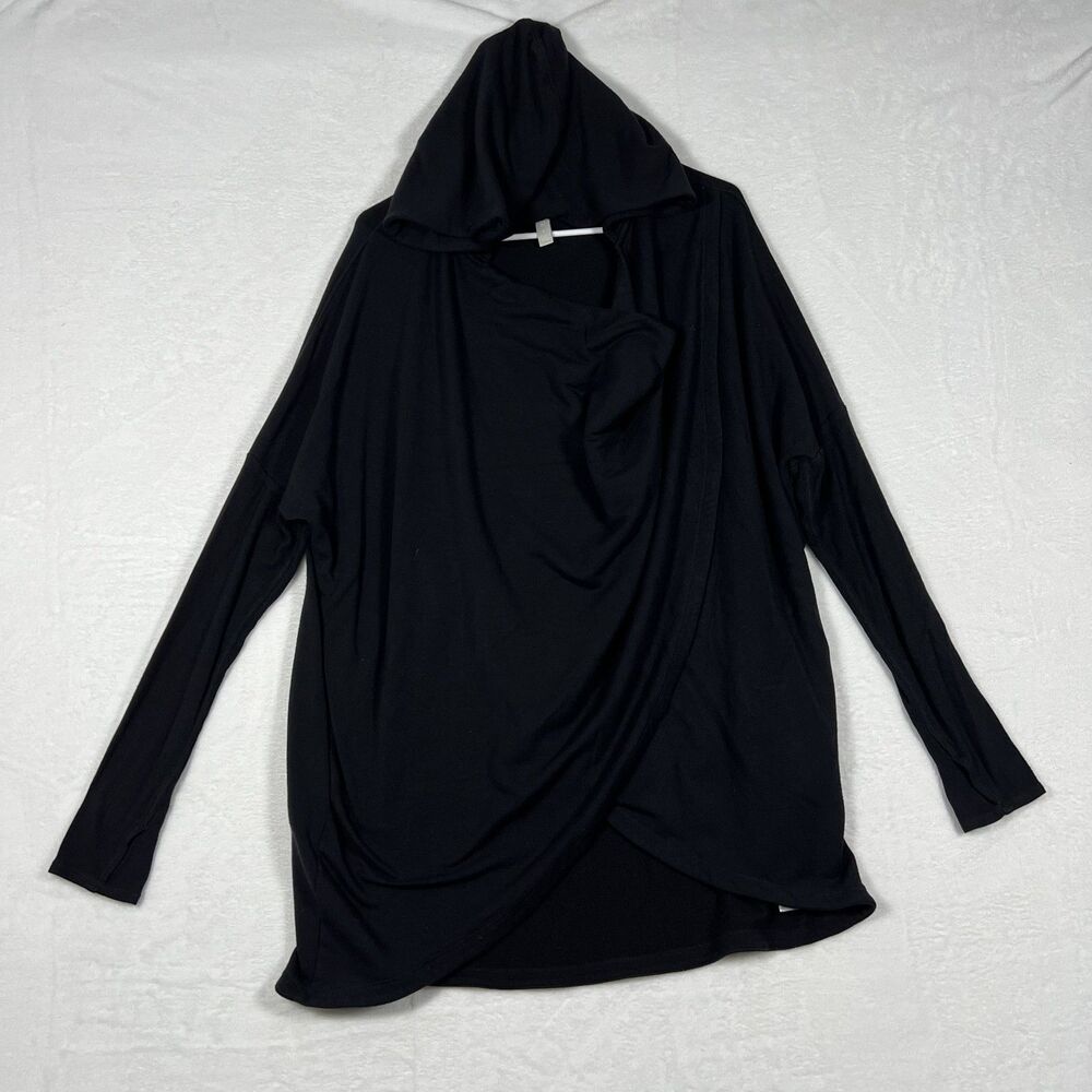 Athleta Womens Hooded Wrap Top Size L Black Modal Blend Long Sleeve Cardigan